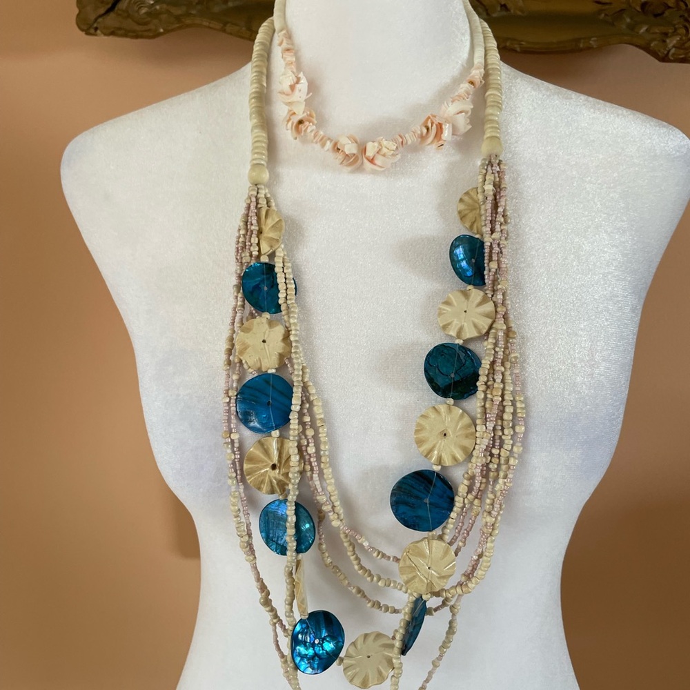 2 Hand Crafted Shell Necklaces. Long Multiple Strands & 15” Choker Necklace